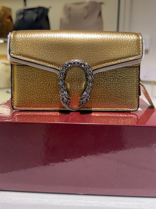 Metallic Gold Leather Mini Crossbody Bag with Antique Horseshoe Buckle