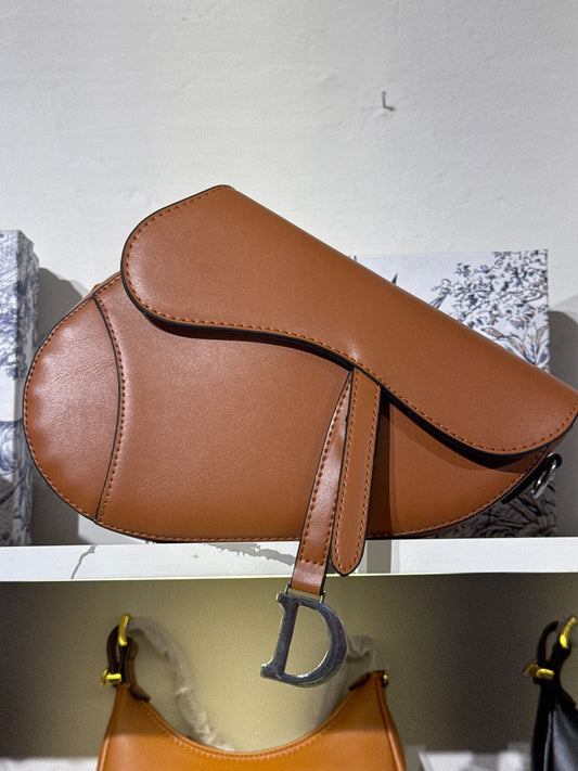 Tan Brown Leather Saddle Shoulder Bag with Silver-Tone D Charm Accent