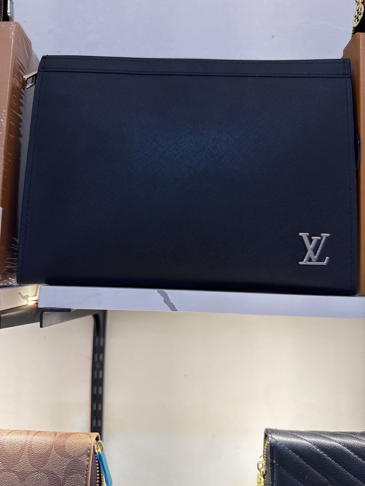 Sleek Black Textured Leather Portfolio Clutch with Silver Logo