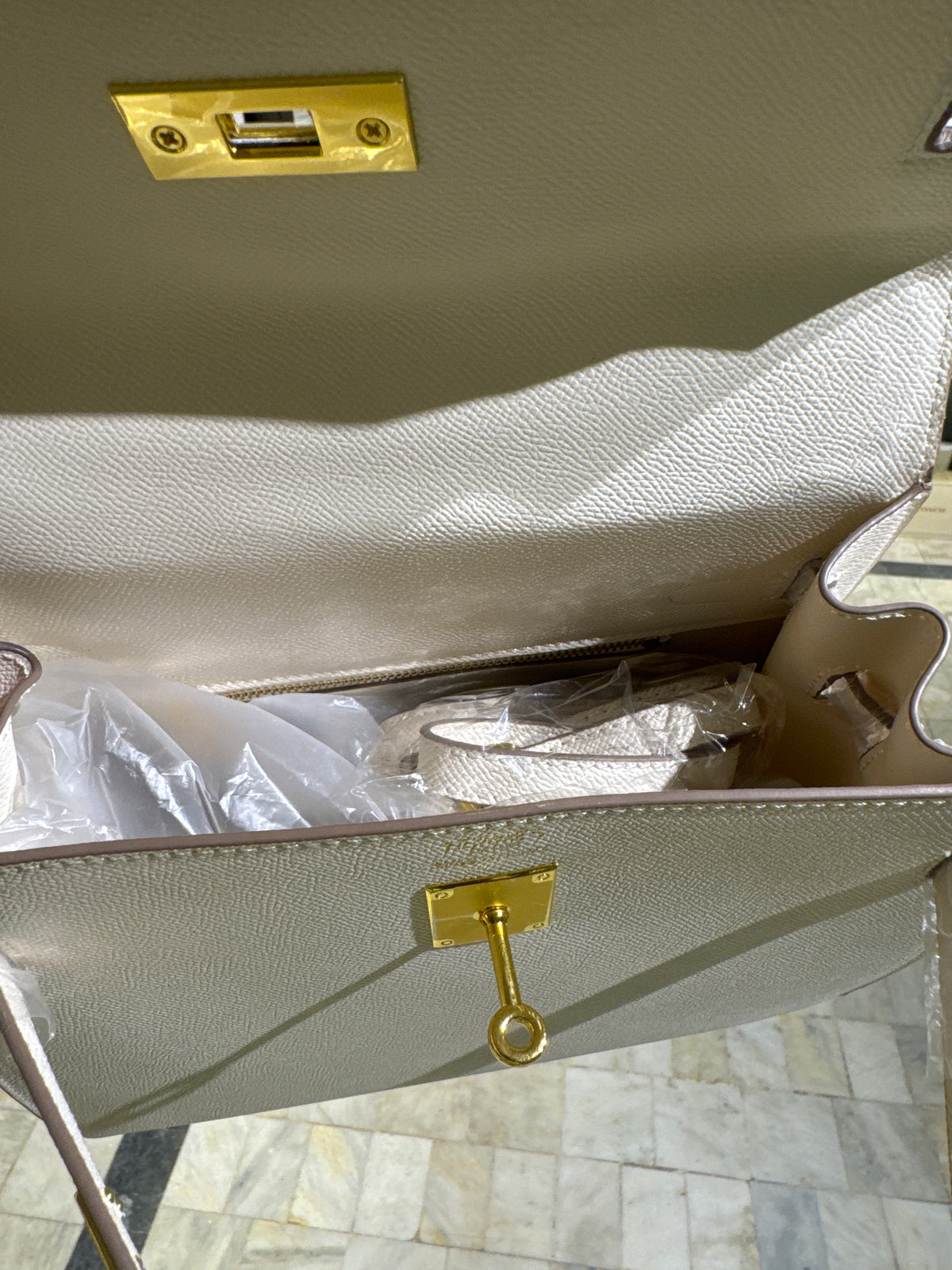 Off-White Leather Top-Handle Structured Handbag with Gold-Tone Lock Accent