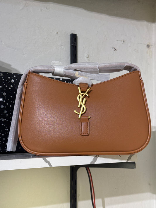Tan Brown Leather Hobo Shoulder Bag with Gold Monogram Hardware
