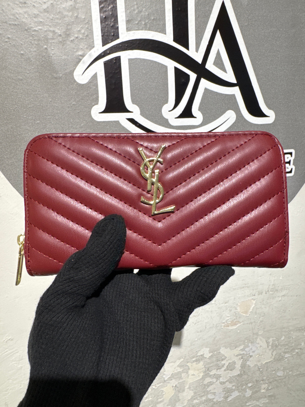 Luxury Red Chevron Quilted Grain Leather Zip-Around Long Wallet with Gold Hardware