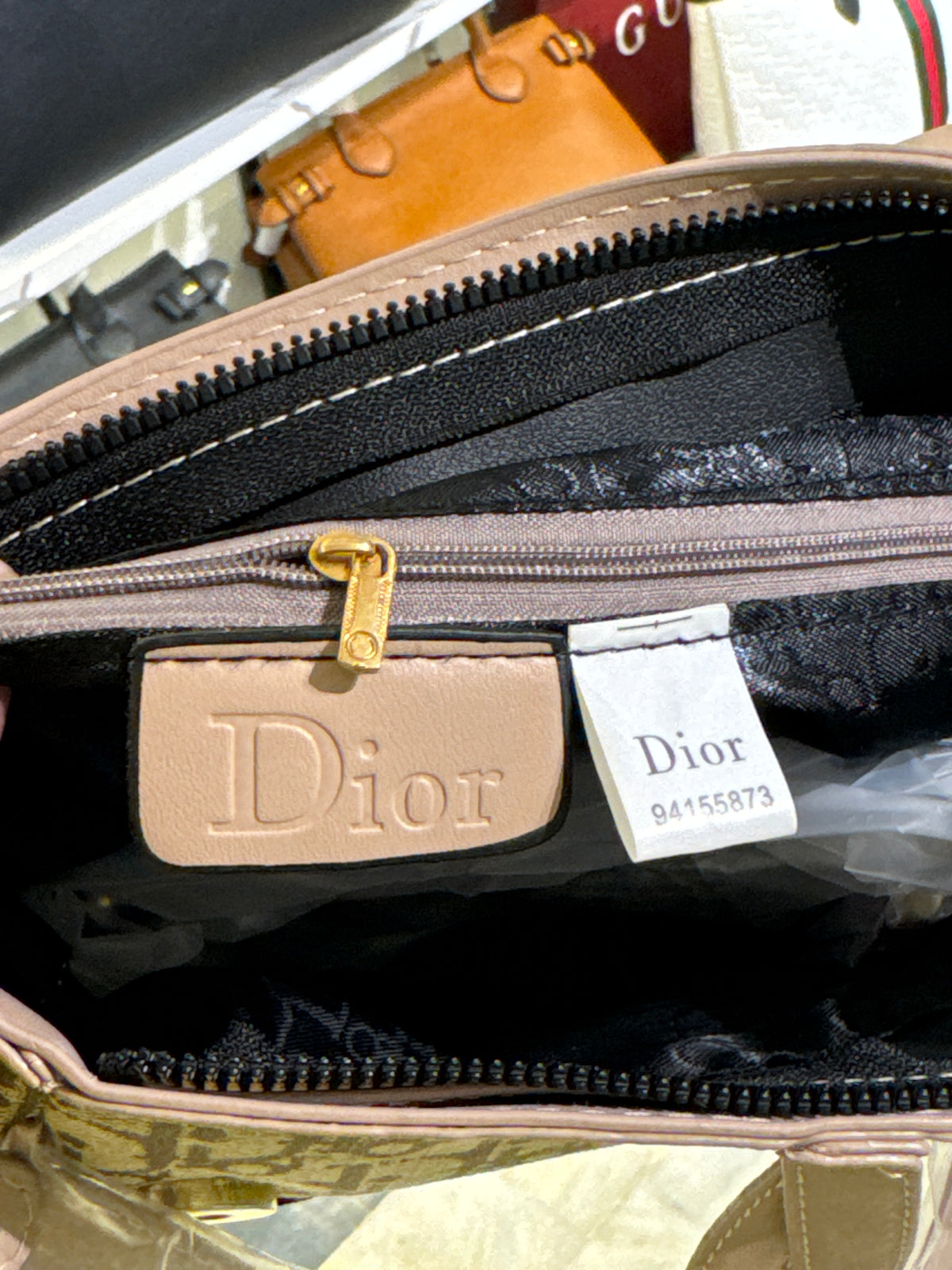Beige and Brown Patterned Jacquard Saddle Shoulder Bag with Gold Hardware
