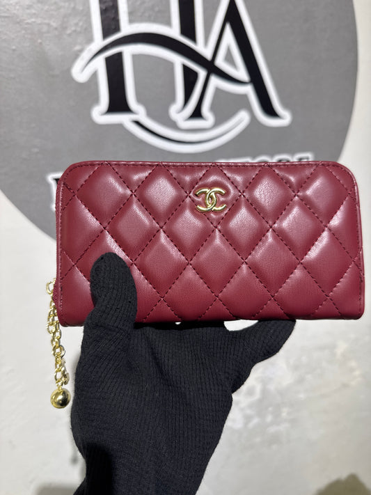 Luxury Burgundy Quilted Leather Zip-Around Long Wallet with Charm Pull
