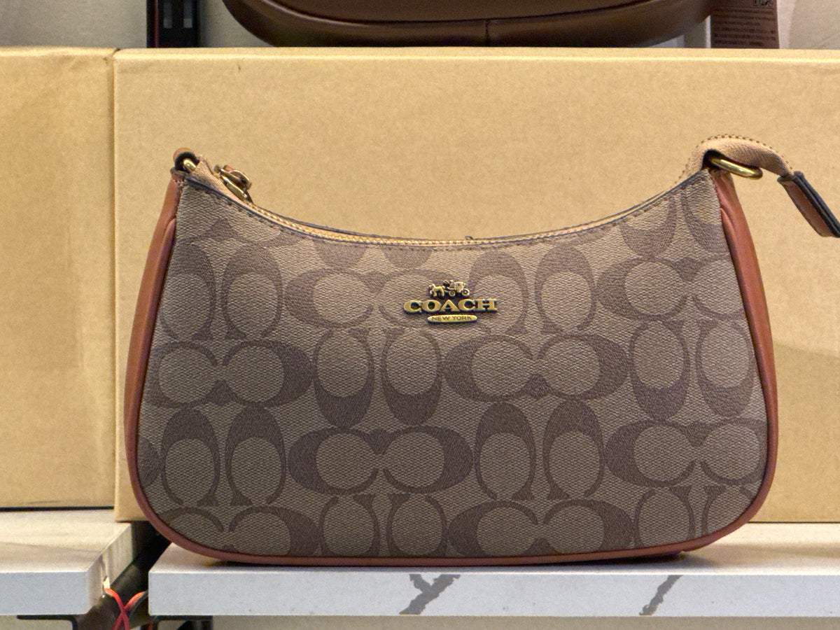 Coach Teri Shoulder Bag in Signature Canvas – Light Khaki / Beechwood Tan