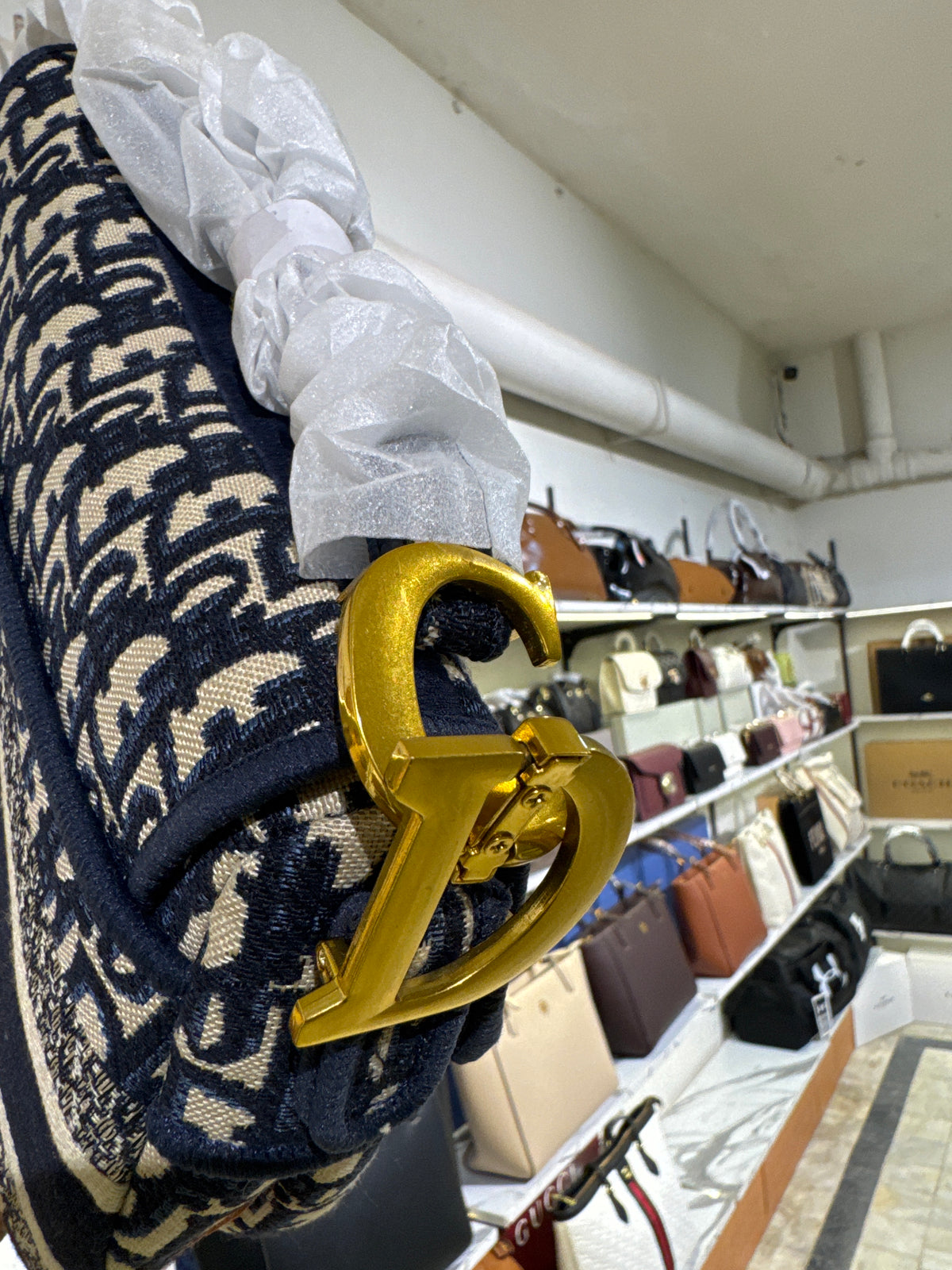 Navy Blue Patterned Jacquard Saddle Shoulder Bag with Gold-Tone D Hardware