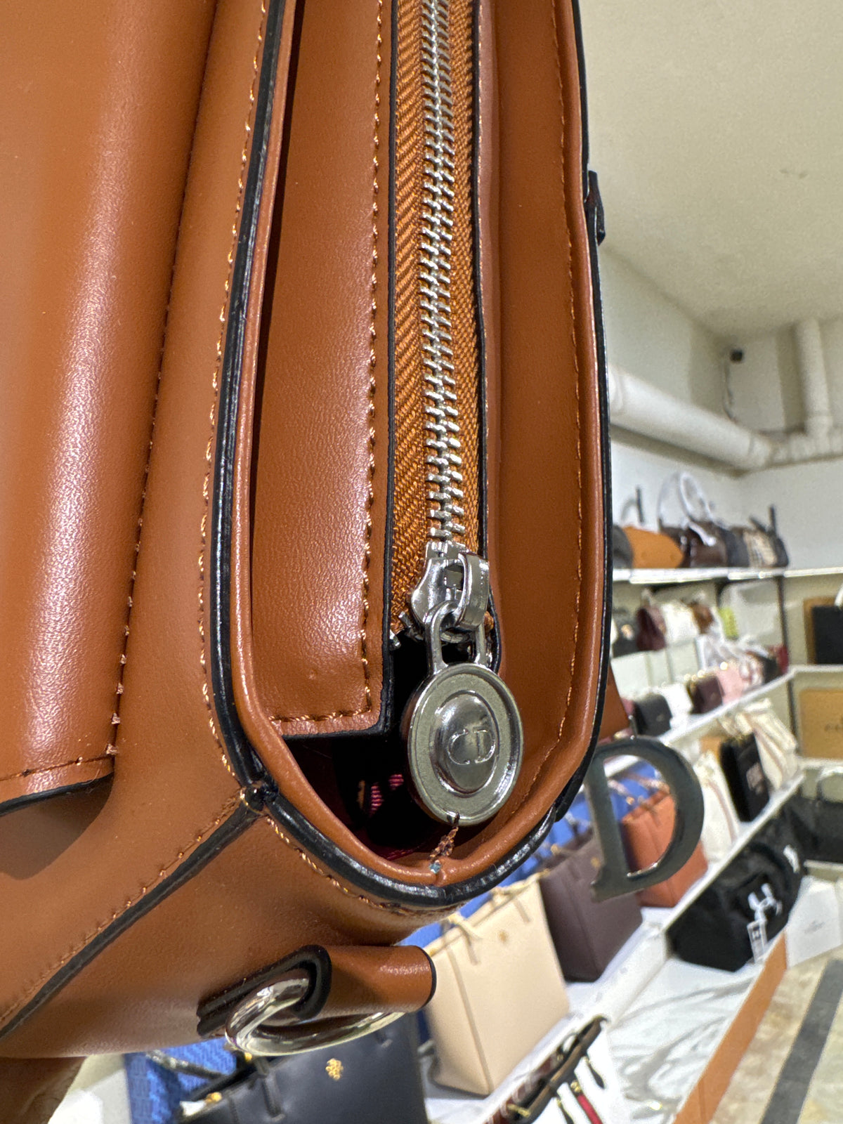 Tan Brown Leather Saddle Shoulder Bag with Silver-Tone D Charm Accent