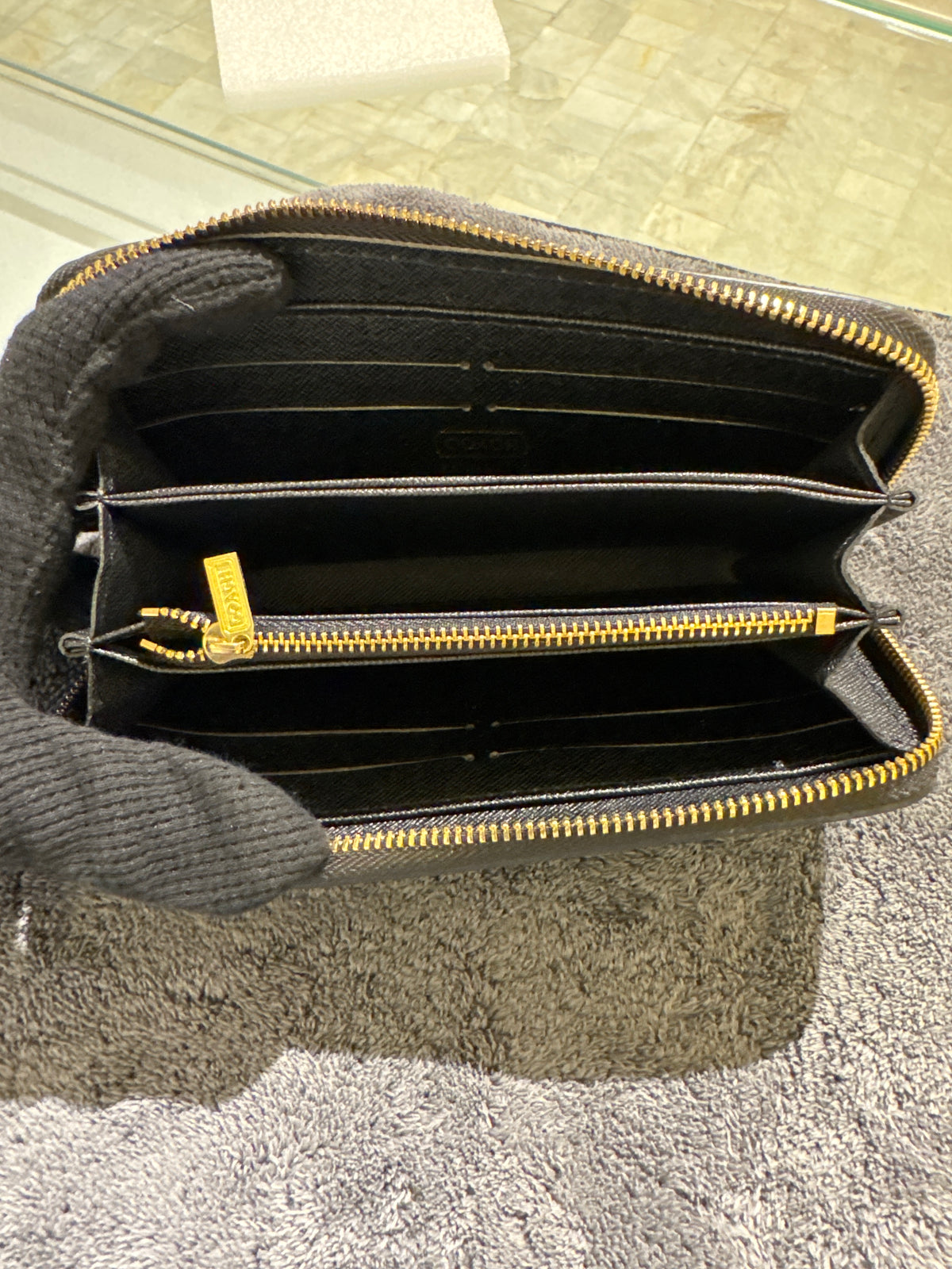 Luxury Black Coach Signature Canvas Zip-Around Long Wallet with Gold Hardware