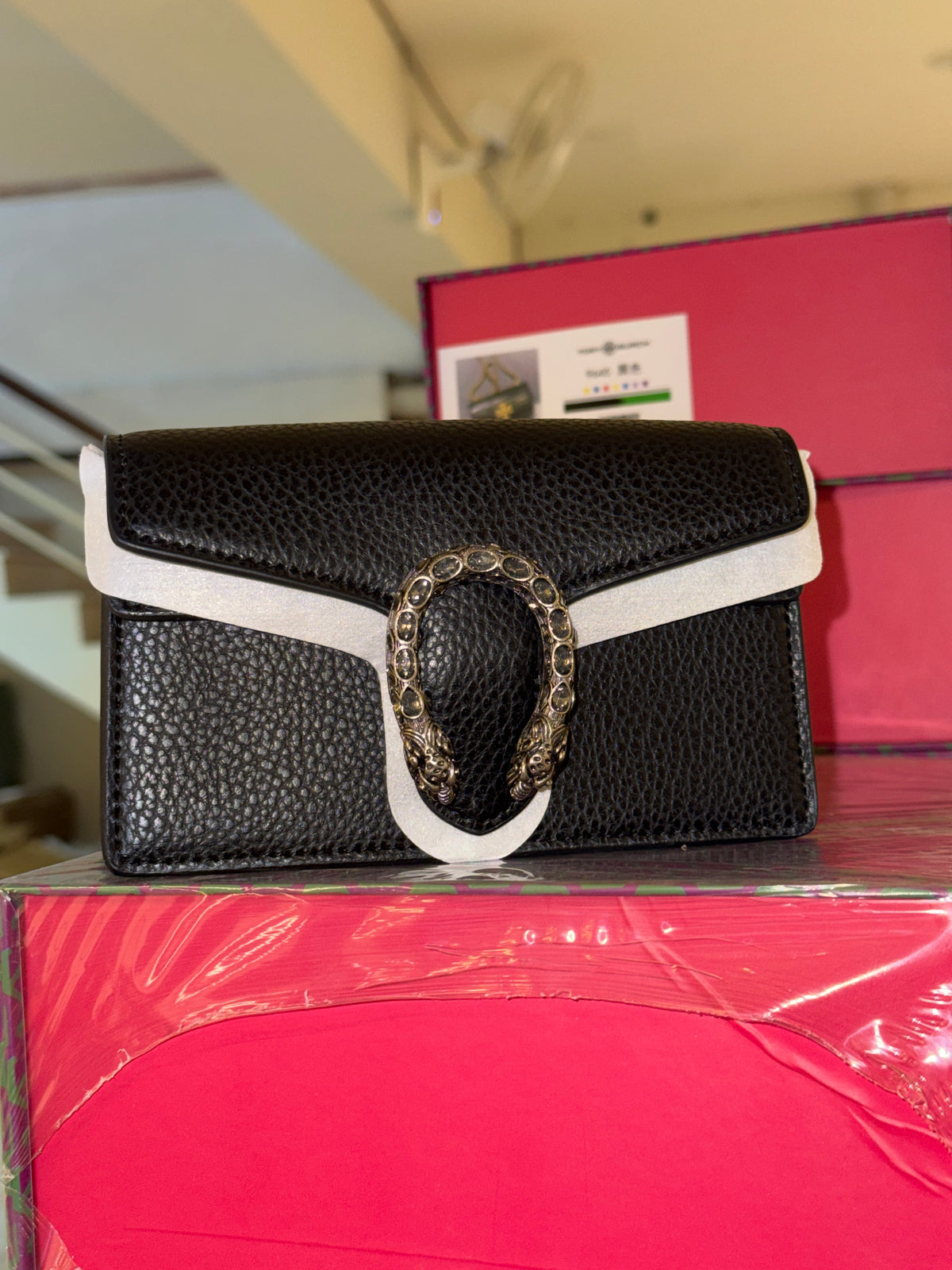 Textured Black Leather Mini Crossbody Bag with Antique Horseshoe Buckle