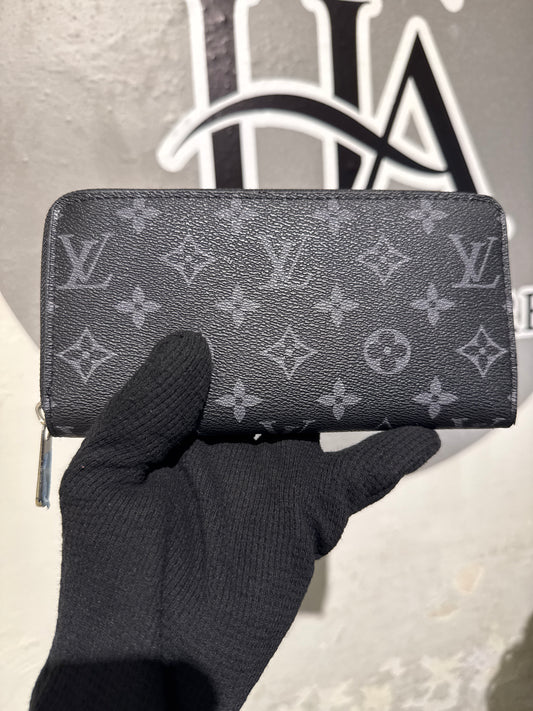 Luxury Black Monogram Eclipse Canvas Zip-Around Long Wallet with Gold Hardware