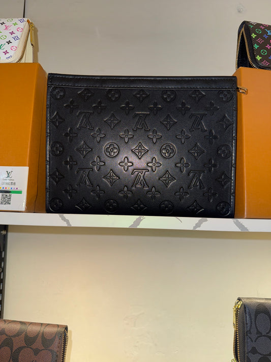 Black Monogram Embossed Leather Portfolio Clutch