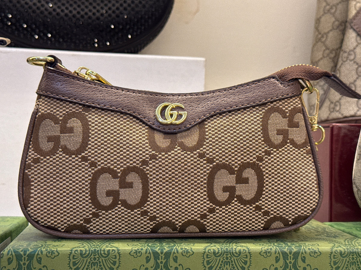 Gucci Ophidia Mini Shoulder Bag in Jumbo GG Canvas – Camel / Ebony Brown