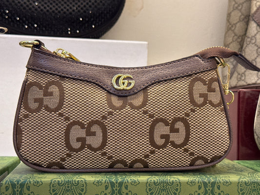 Gucci Ophidia Mini Shoulder Bag in Jumbo GG Canvas – Camel / Ebony Brown