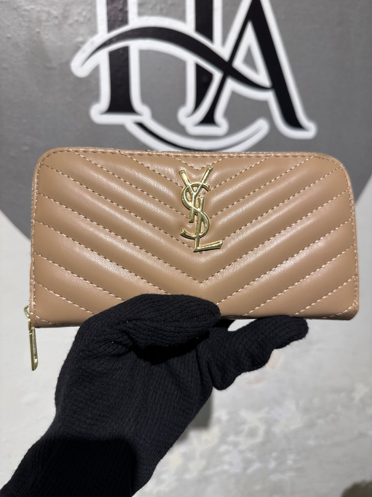 Luxury Beige Chevron Quilted Grain Leather Zip-Around Long Wallet with Gold Hardware