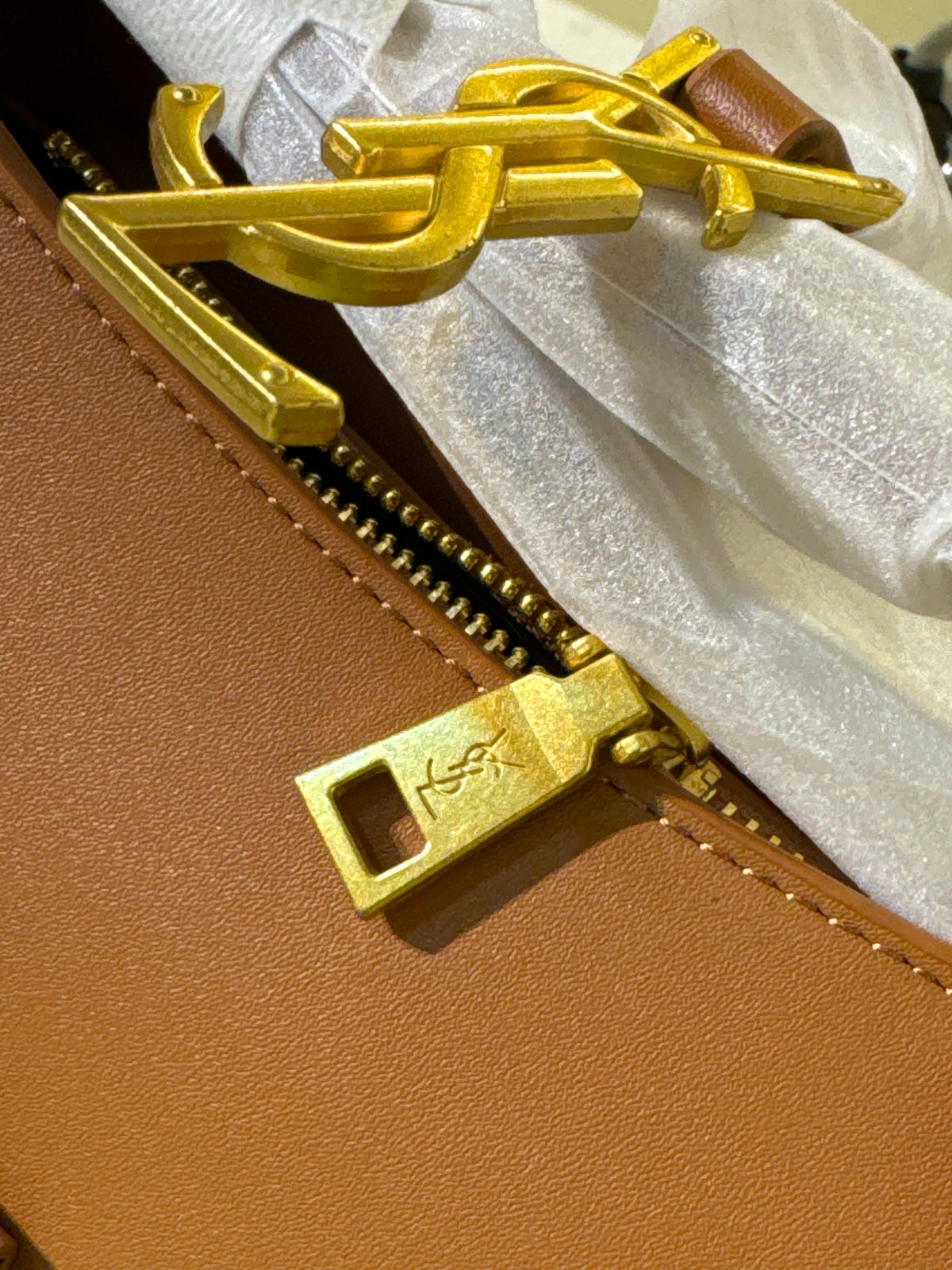 Tan Brown Leather Hobo Shoulder Bag with Gold Monogram Hardware