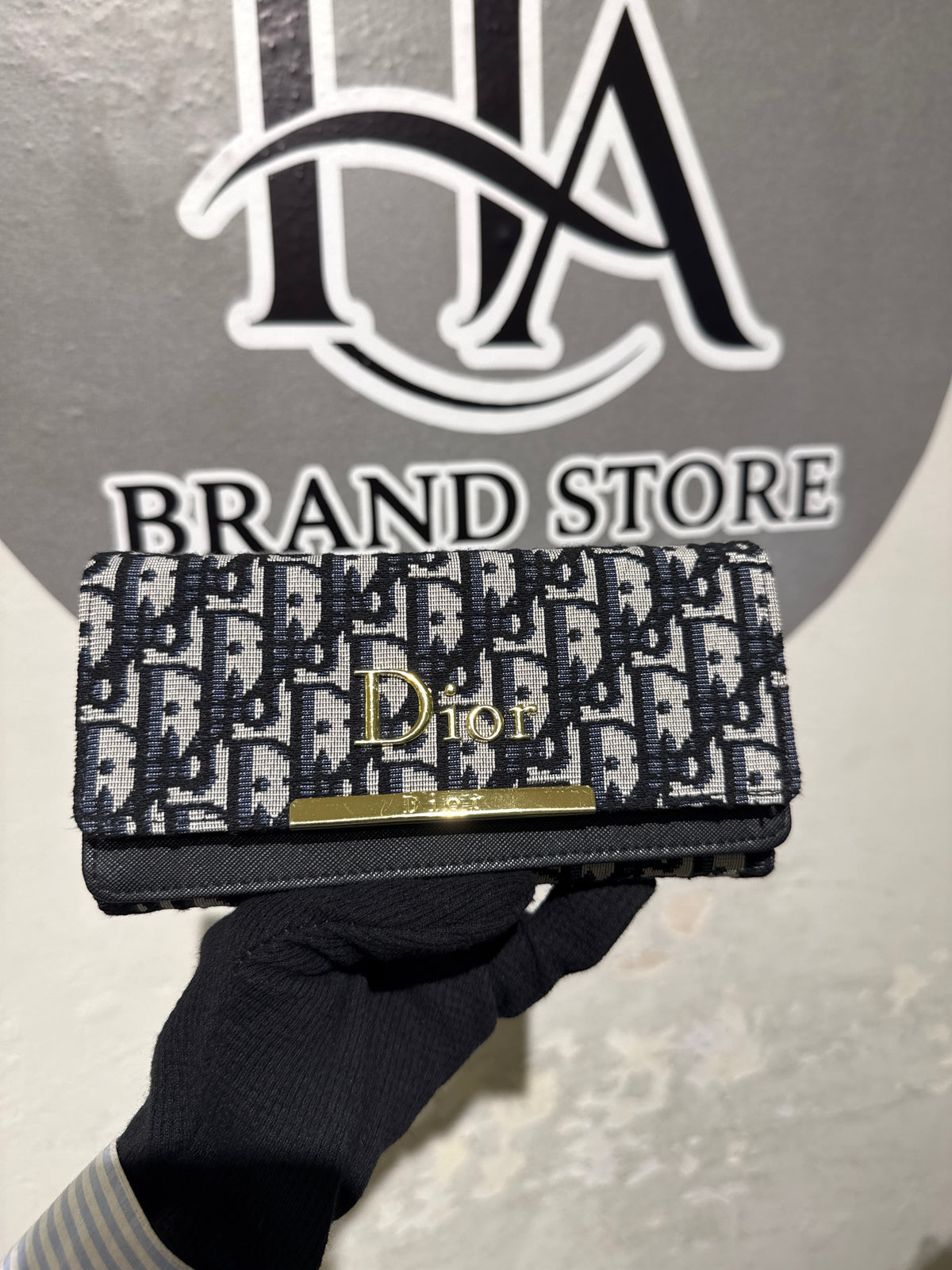 Luxury Navy Blue Oblique Canvas Long Flap Wallet with Gold Hardware