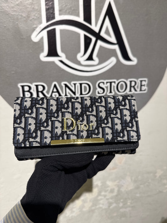 Luxury Navy Blue Oblique Canvas Long Flap Wallet with Gold Hardware