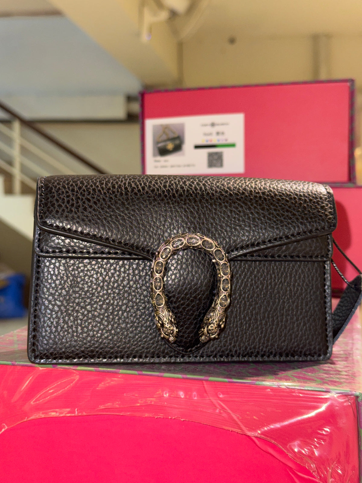 Textured Black Leather Mini Crossbody Bag with Antique Horseshoe Buckle