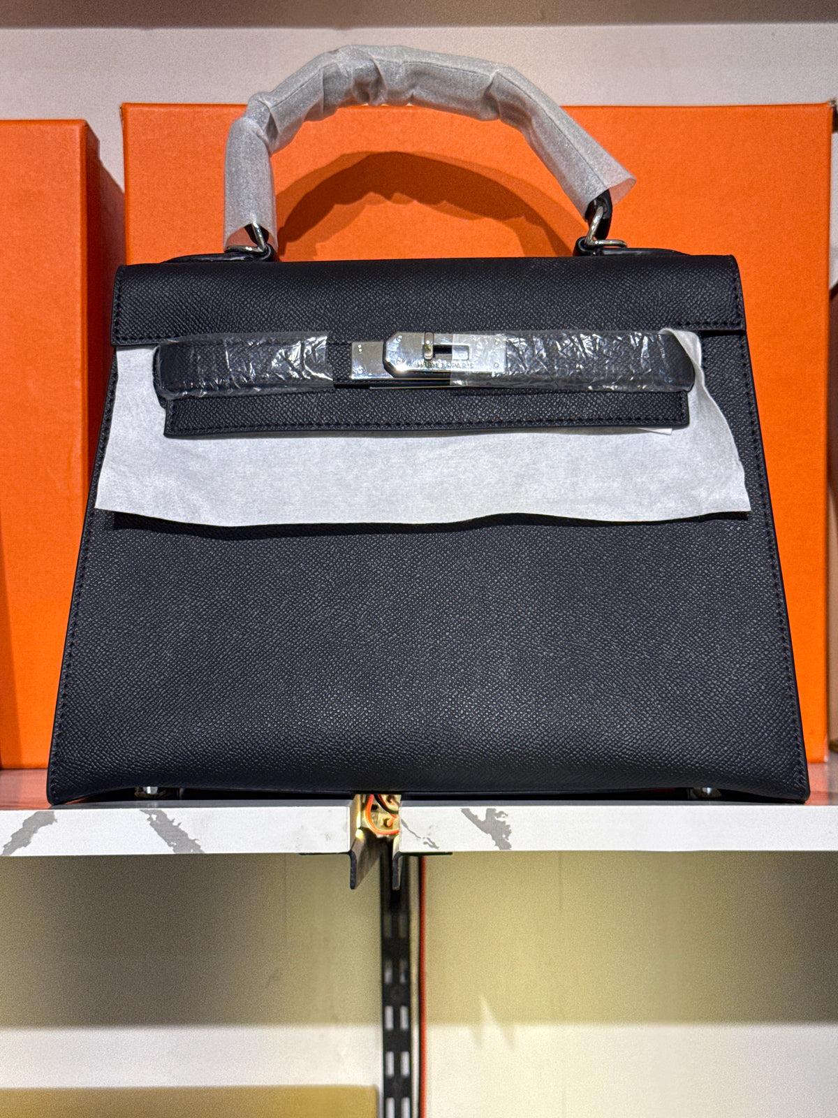 Classic Black Leather Top-Handle Structured Handbag with Silver-Tone Hardware