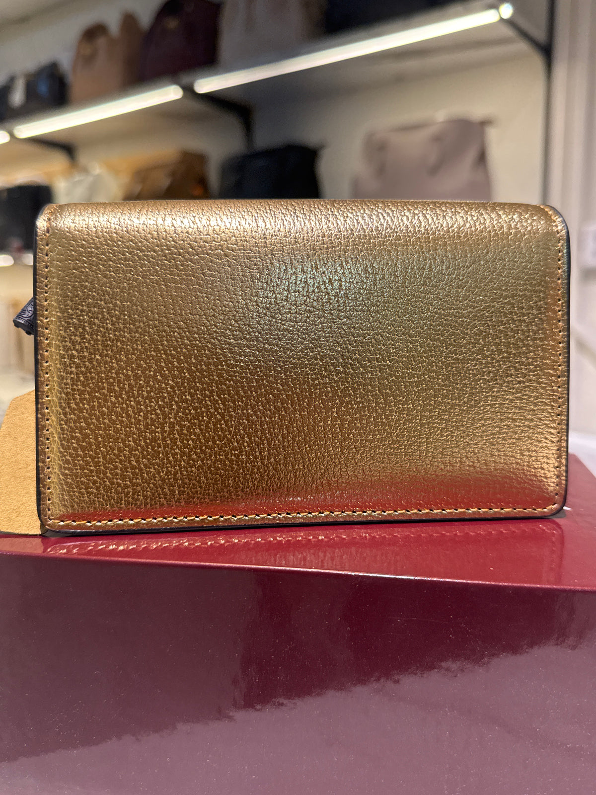 Metallic Gold Leather Mini Crossbody Bag with Antique Horseshoe Buckle