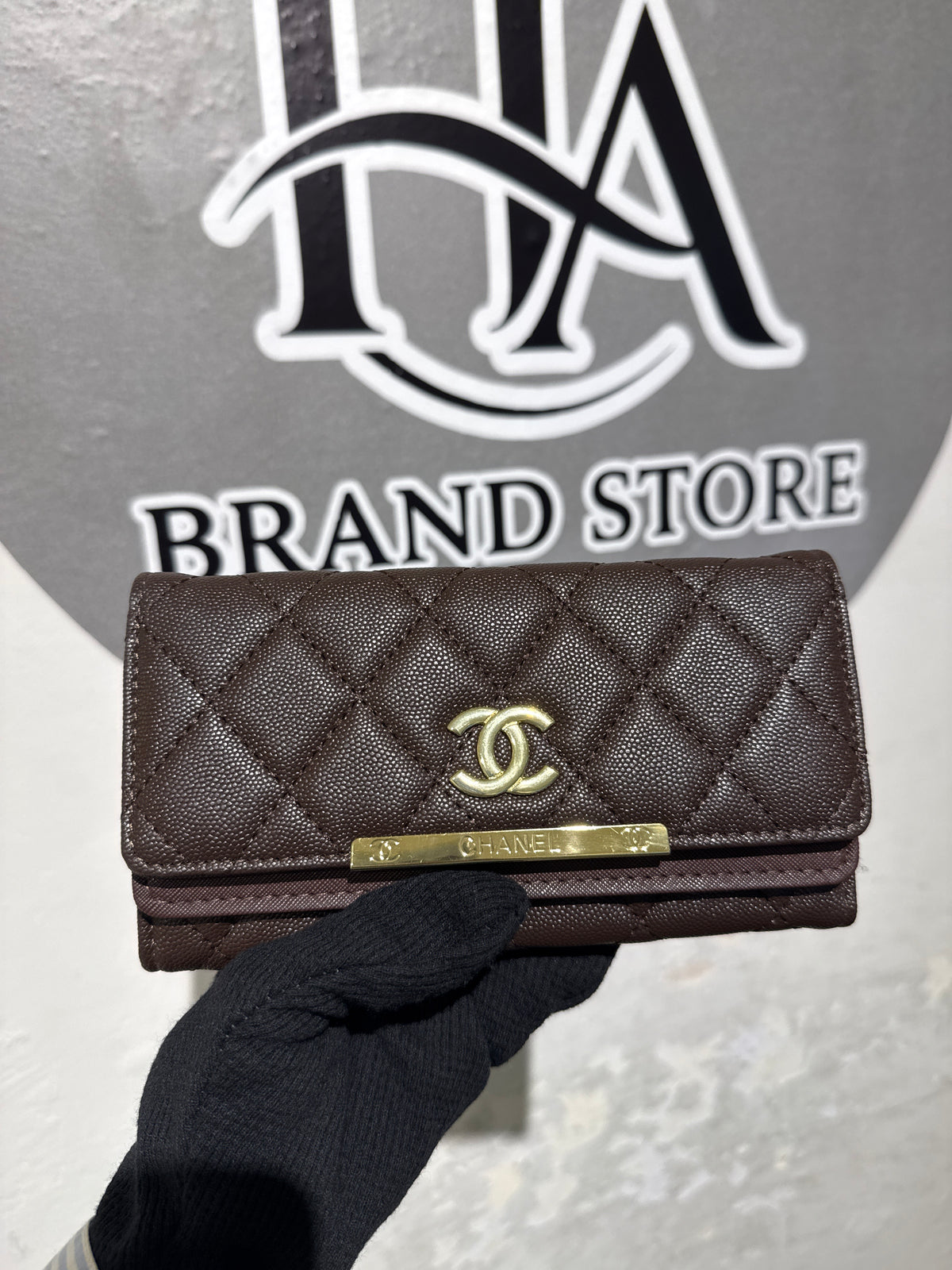 Luxury Dark Brown Quilted Caviar Leather Long Flap Wallet with Gold Hardware