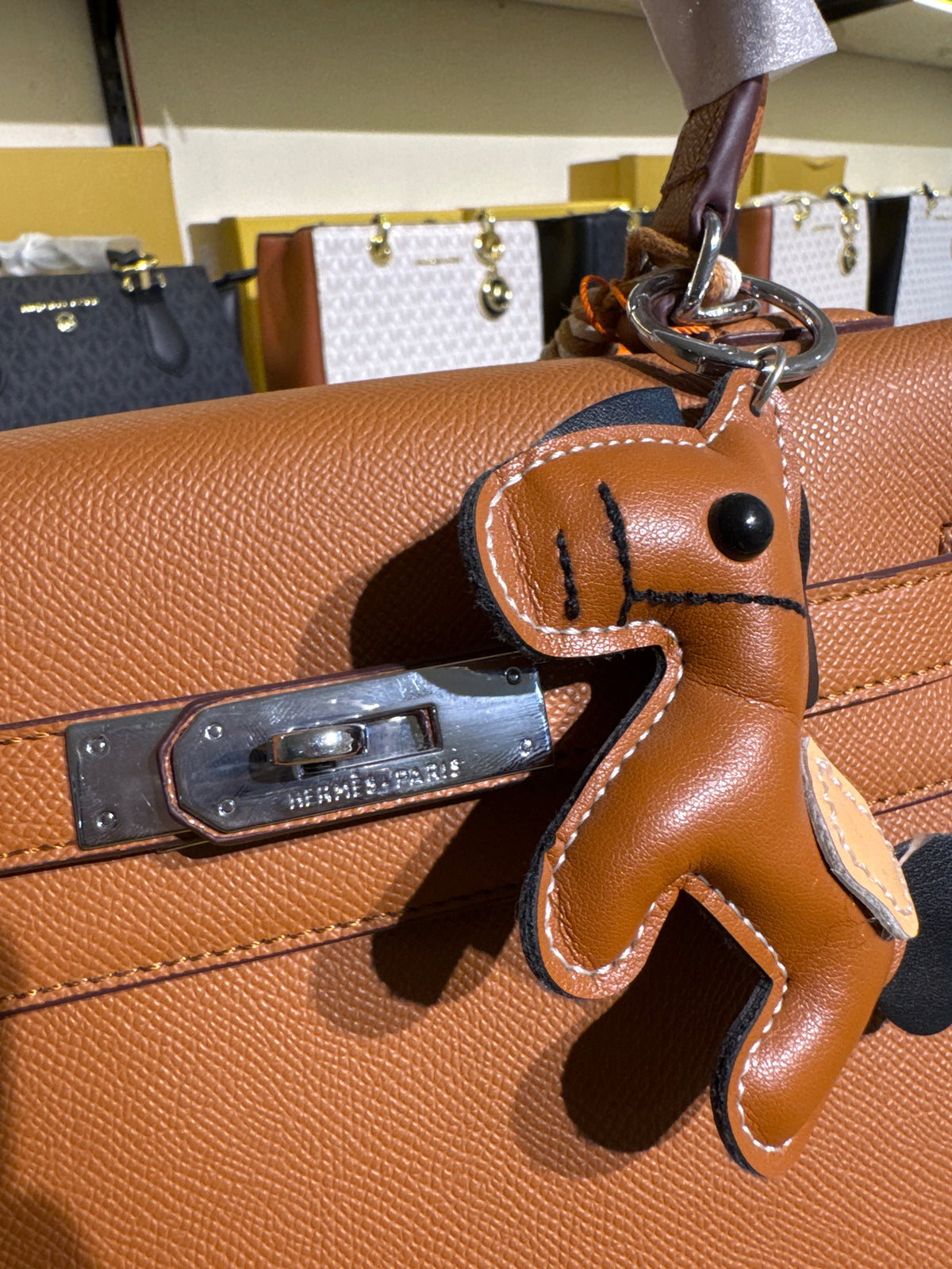 Tan Leather Top-Handle Structured Handbag with Horse Charm