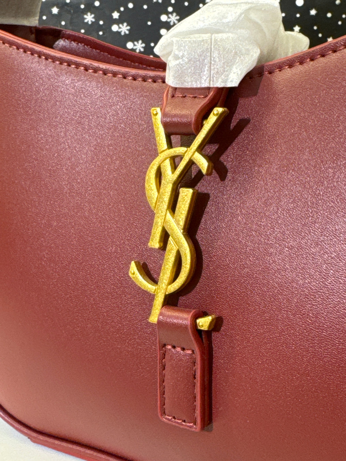 Burgundy Red Leather Hobo Shoulder Bag with Gold Monogram Hardware