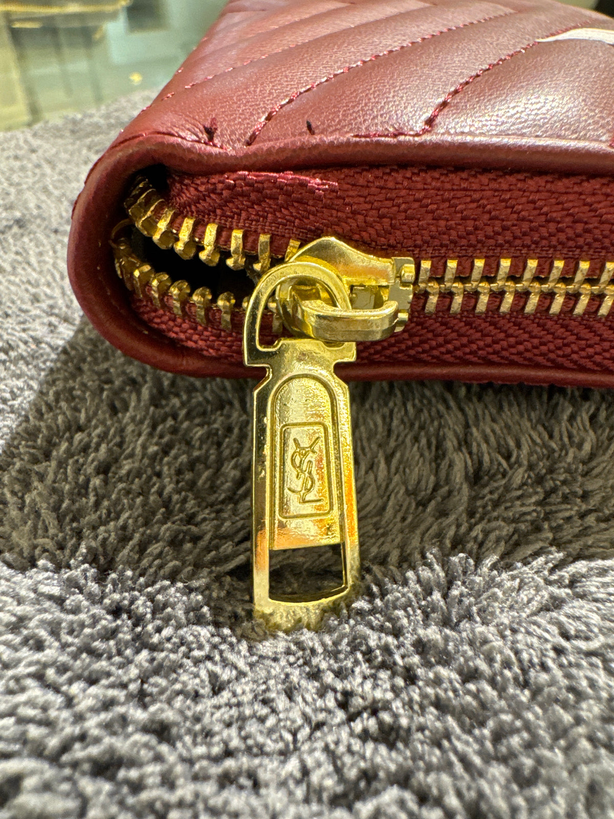 Luxury Red Chevron Quilted Grain Leather Zip-Around Long Wallet with Gold Hardware