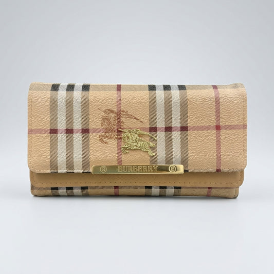 Luxury Beige Plaid Vintage Check Long Flap Wallet with Gold Hardware