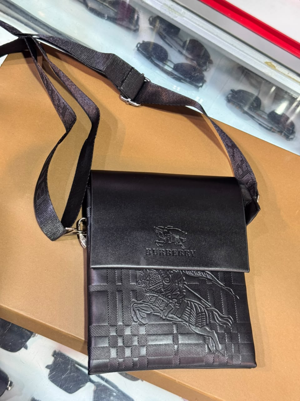 Burberry Embossed Leather Crossbody Messenger Bag – Black