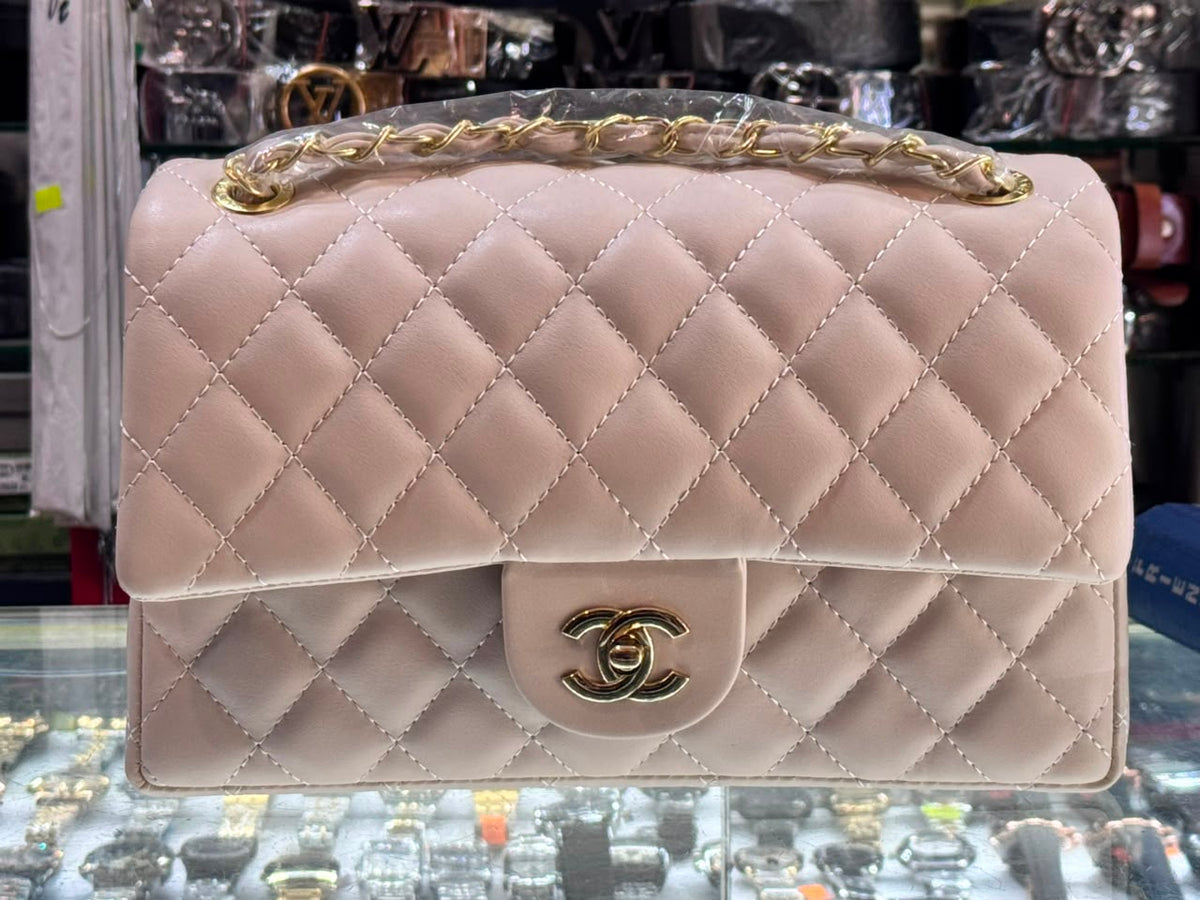 Quilted Classic Flap Shoulder Bag with Gold Chain Strap – Dusty Pink / Nude