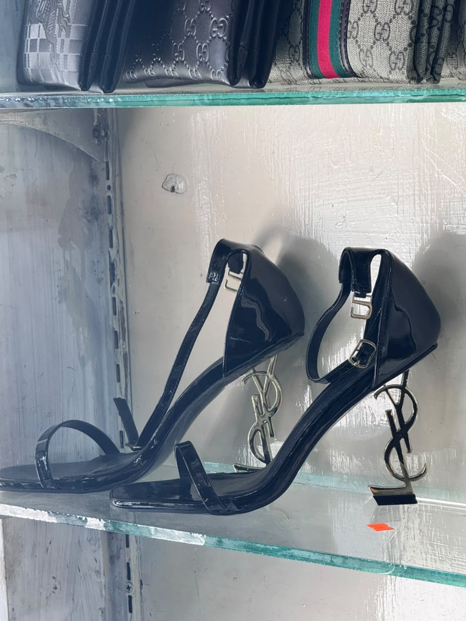 Patent Leather Monogram Sculpted Logo Heel Sandals – Glossy Black
