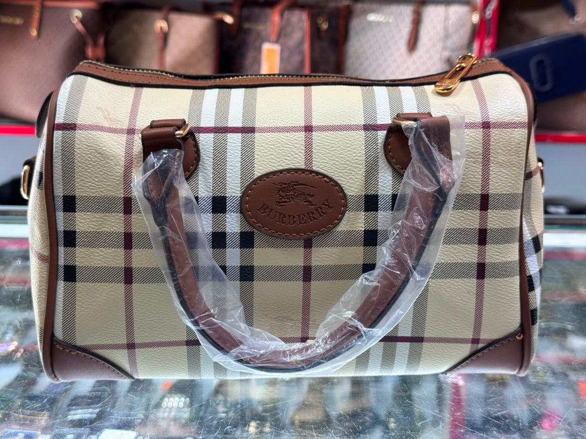 Vintage Plaid Check Mini Duffle Bag with Leather Handles – Beige / Tan
