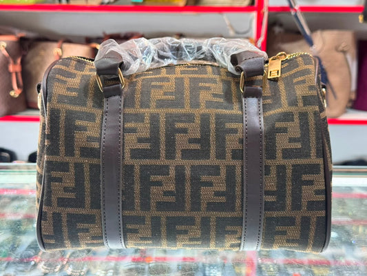 FF Logo Monogram Mini Duffle Bag with Dark Brown Leather Straps – Brown / Tobacco