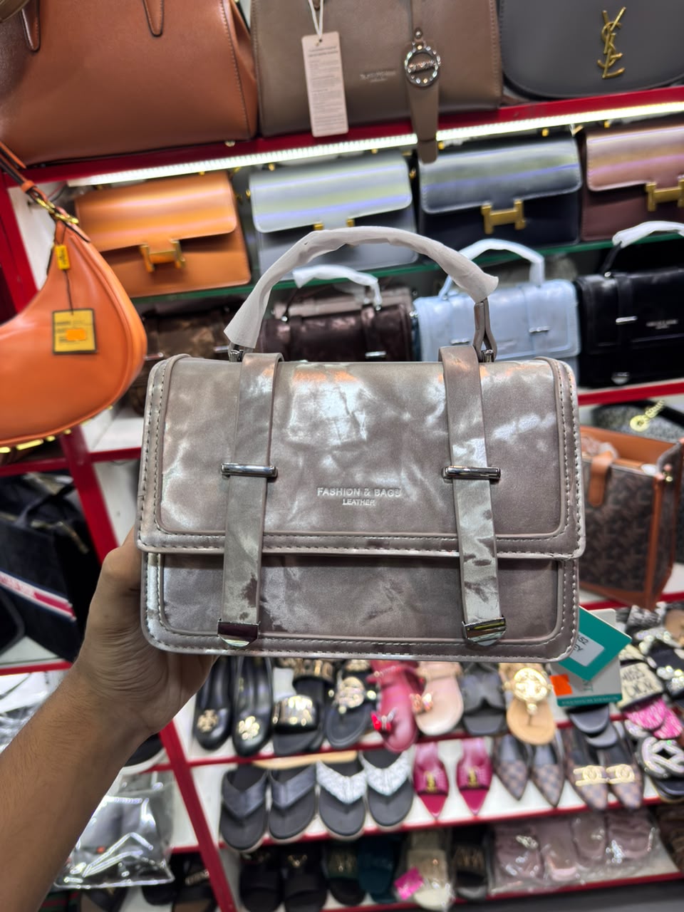 Fashion & Bags Metallic Grey Crossbody Top-Handle Handbag
