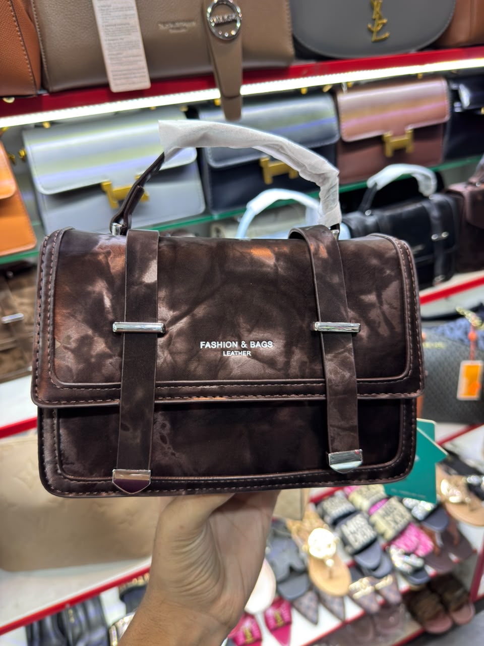 Premium Glossy Dark Brown Mini Satchel Handbag
