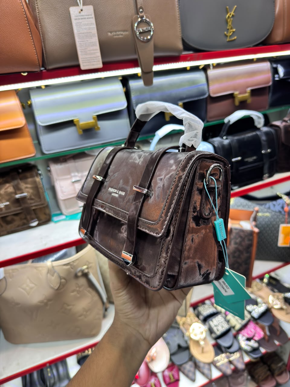 Premium Glossy Dark Brown Mini Satchel Handbag